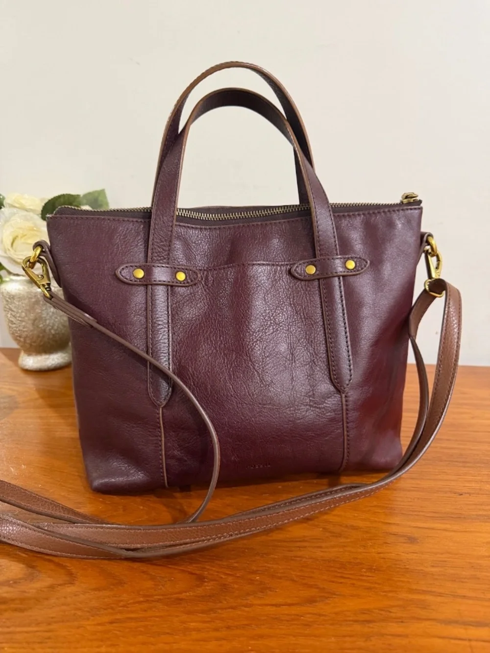 Fossil Felicity Bordeaux Leather Satchel Tote Bag Purse
